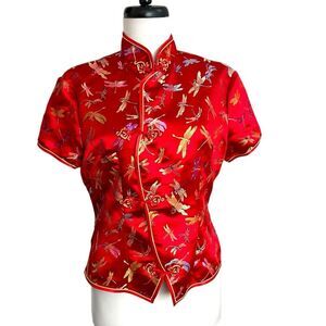 Peony Brand Chinese Dragonfly Kimono Top Sz 40 M Red Brocade Blouse Asian Shirt